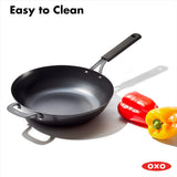 OXO Obsidian Pre-Seasoned Carbon Steel, 12 Wok Pan with Removable Silicone Handle Holder, Induction, Oven Safe, Black